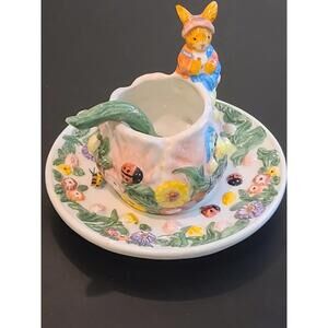 Merc Asia Vintage 1999 Ceramic Porcelain Bunny Rabbit Garden Tea Party Cup,Spoon